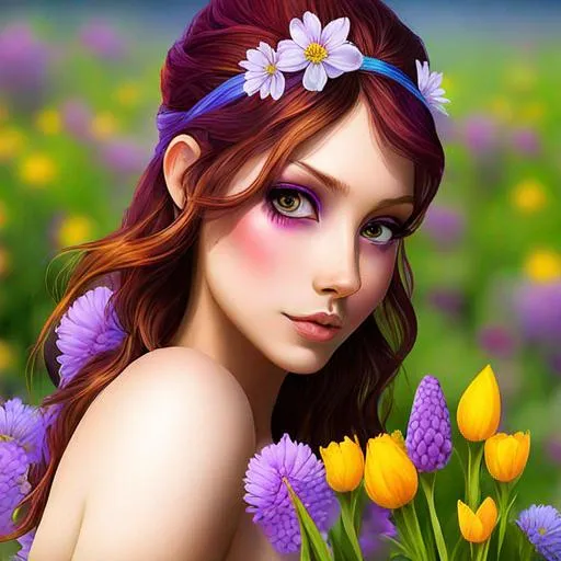 Prompt: a fairy of spring, ,wildflowers, vivid colors,  facial closeup