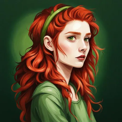 Prompt: Girl with red hair greenery in hair, green clothes