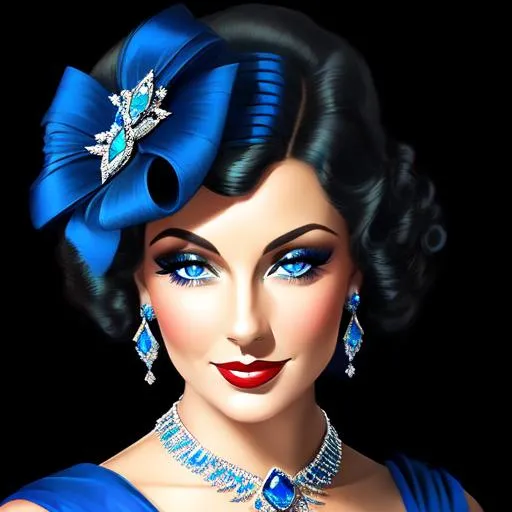 Prompt: Glamorously dressed lady of rhe 1930's wearing sapphire jewelry,blue eyes