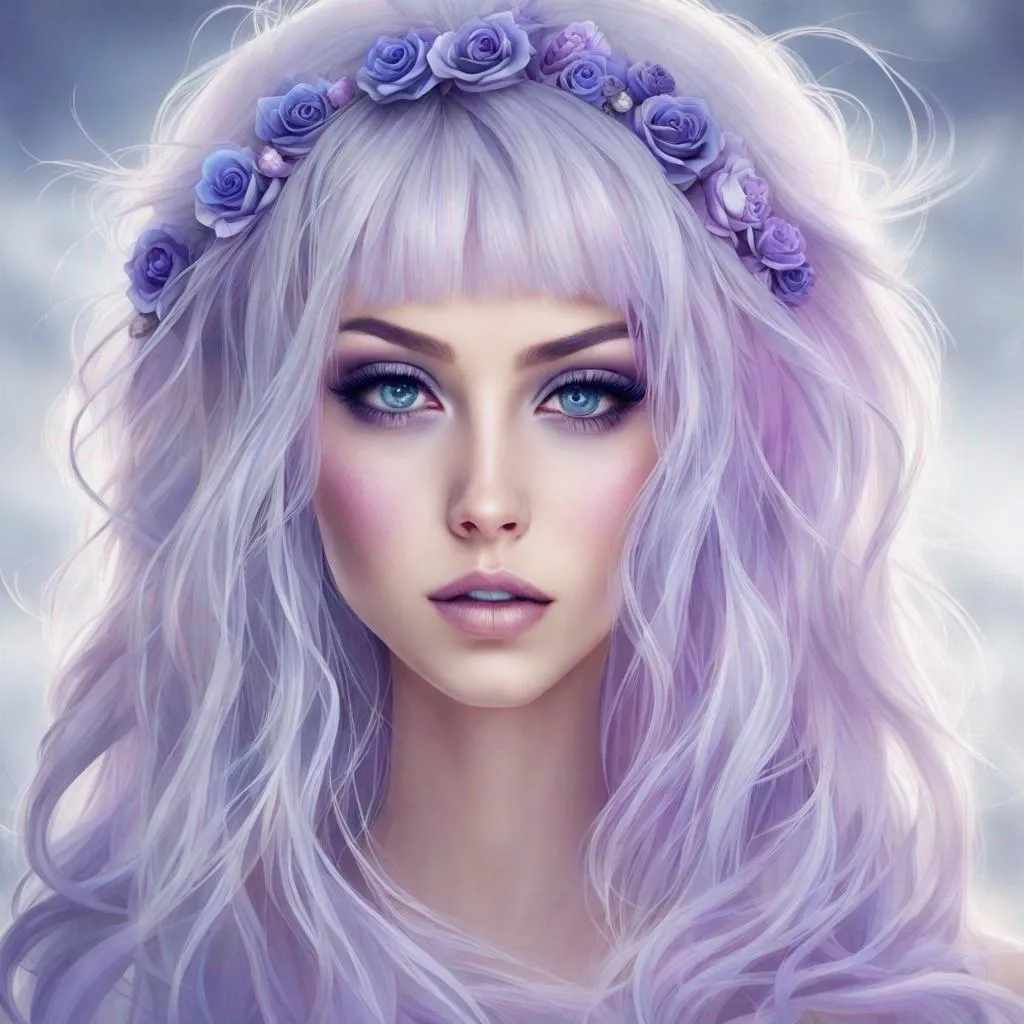 Prompt: A beautiful woman, white hair with pastel purple highlights, violet eyes, blue eyeshadow, pastel blue roses in her hair, blue jewels on forehead, cartoon style