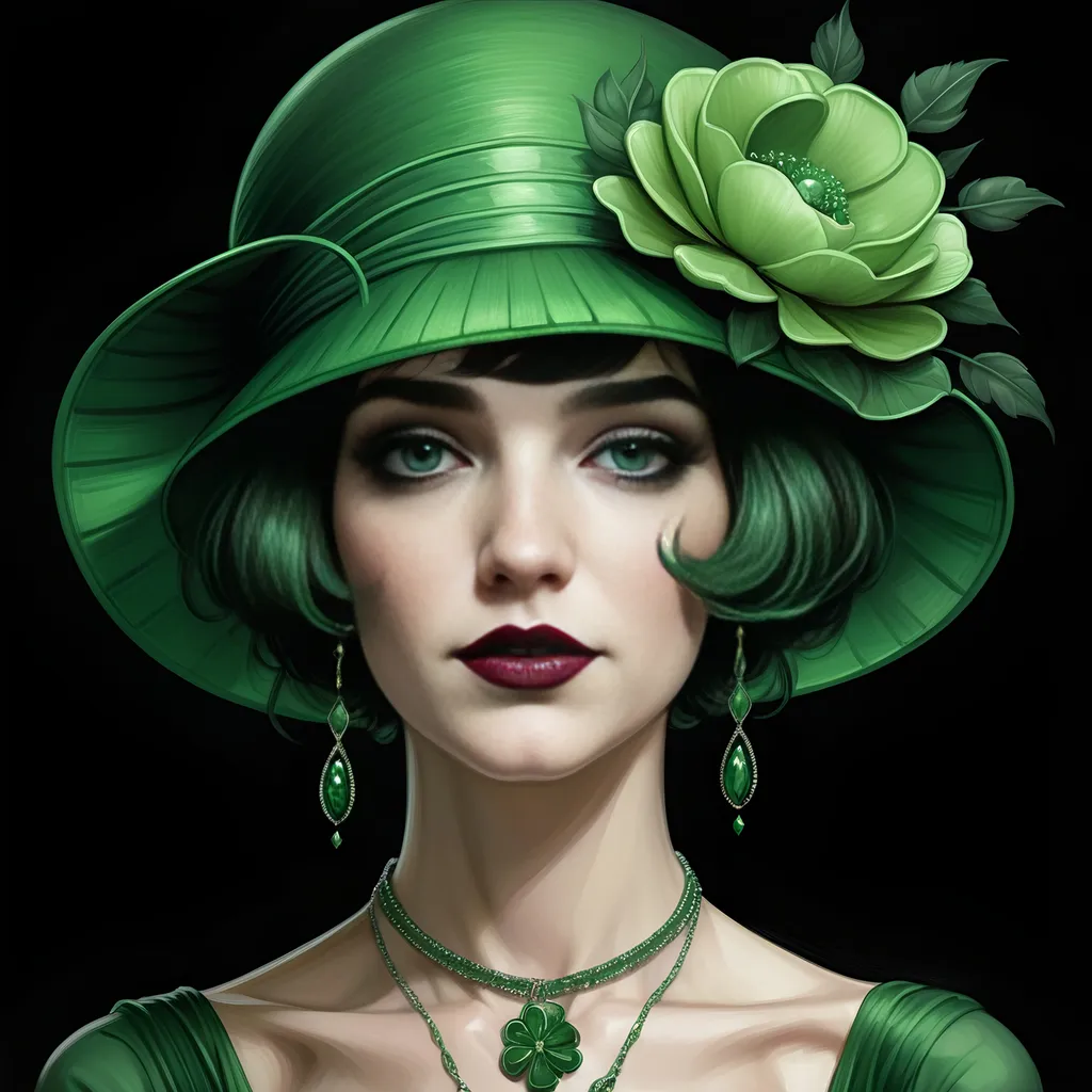 Prompt: a painting of 20's flapper wearing a green hat and necklace with a flower on it's head and a green necklace, Charlie Bowater, gothic art, highly detailed digital painting, an ultrafine detailed painting