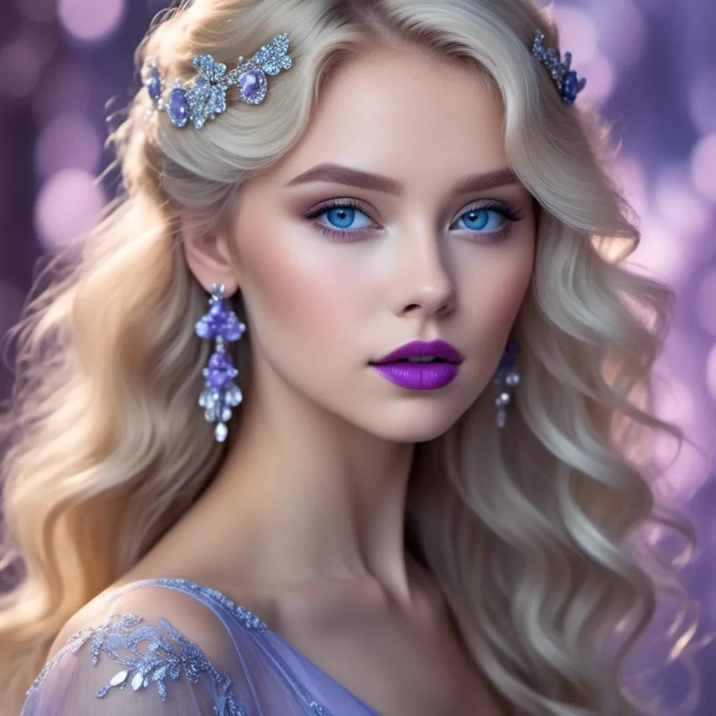 Prompt: <mymodel>Beautiful ethereal woman, long blonde hair,and icy blue eyes color, purple lipstick, facial closeup