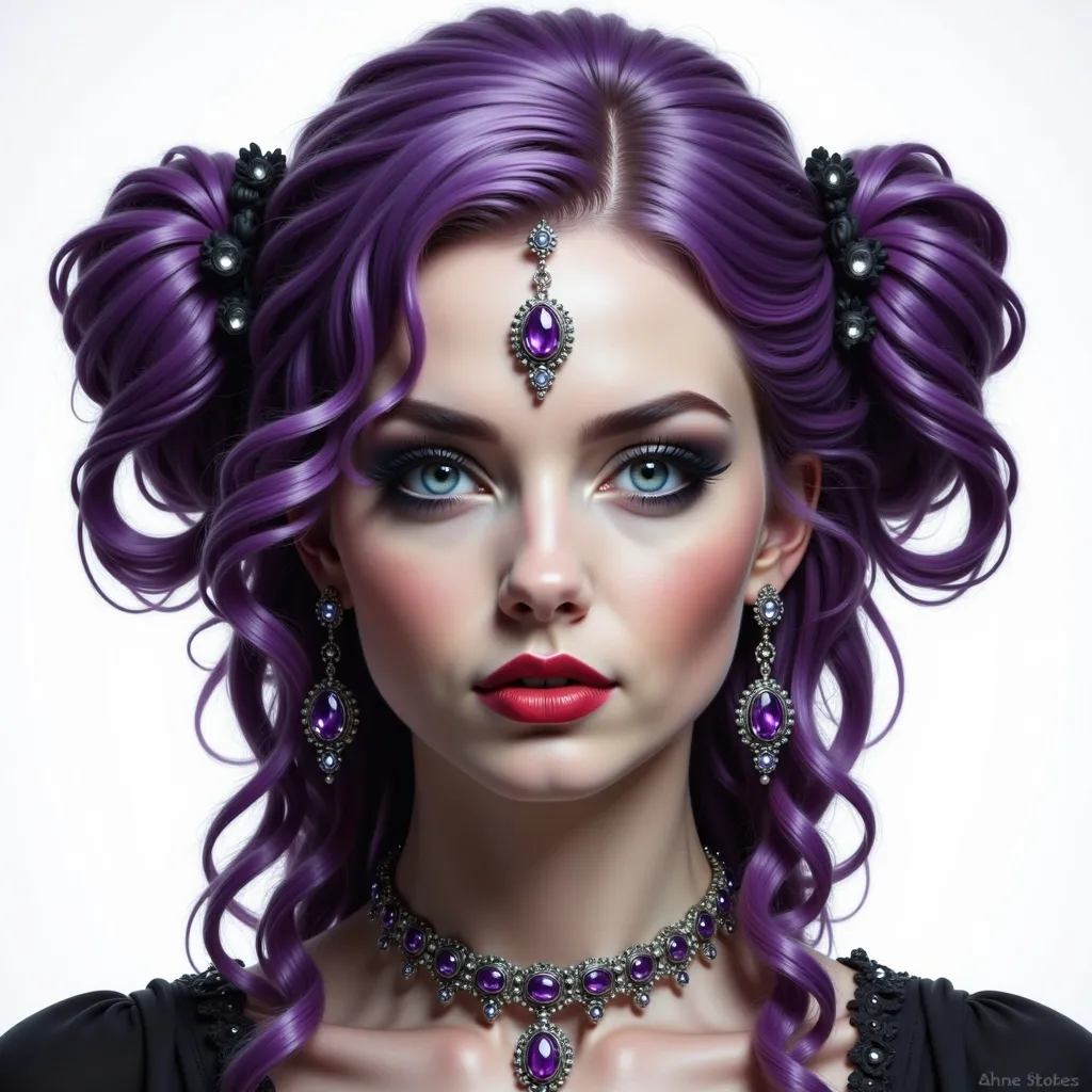 Prompt: a digital painting of a woman with purple hair and jewelry on her neck and face, with a white background, Anne Stokes, gothic art, highly detailed digital painting, a detailed drawing