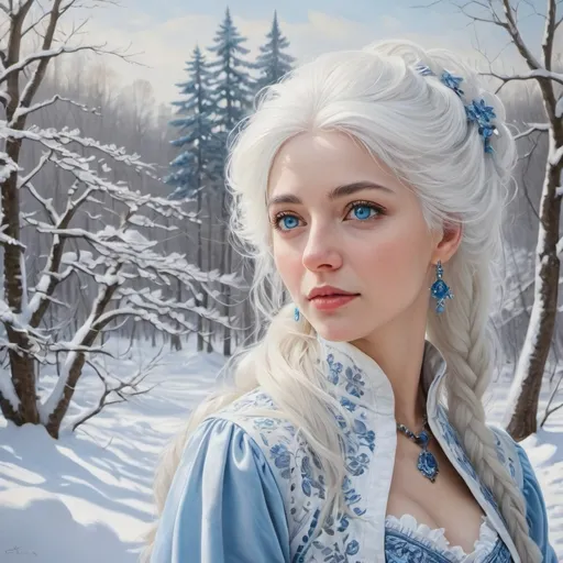 Prompt: a woman with blue eyes and white hair in the snow with trees in the background and snow on the ground, Elina Karimova, rococo, white hair, a photorealistic painting