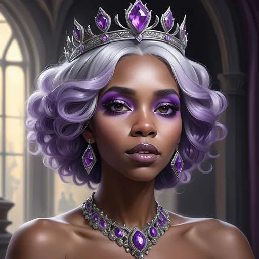 Prompt: a bllack woman  wearing pretty makeup with a tiara and gray/ purple hair wearing amethyst jewelry, Dirk Crabeth, fantasy art, highly detailed digital painting, a photorealistic painting