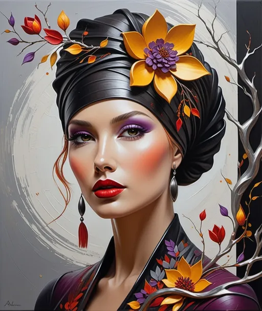 Prompt: Figurative art, textured painting, acrylic 3d texture, a painting of a woman with sculptural turban hair made of branches and gradient red yellow purple cartonnage flowers flowing in the wind, wearing a black high neck dress, Anna Silivonchik, Caia Koopman, endre penovac, abstract silver copper patina background, highly detailed digital painting, a fine art painting