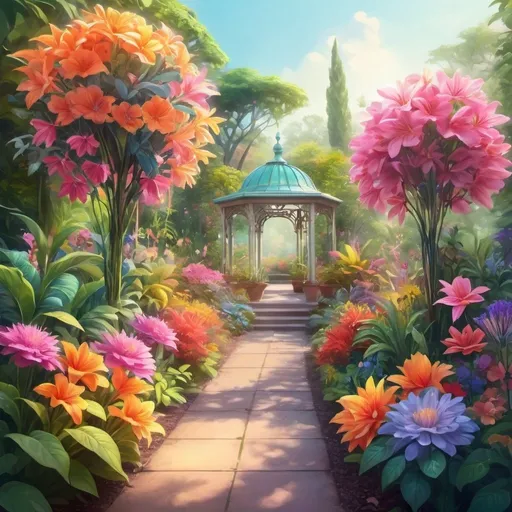 Prompt: Vibrant, high-quality digital painting of a botanical garden, lush and colorful floral display, realistic petals with intricate details, soft natural lighting, vivid and lively colors, surreal and dreamy atmosphere, digital painting, botanical garden, vibrant colors, intricate details, soft lighting, surreal, dreamy