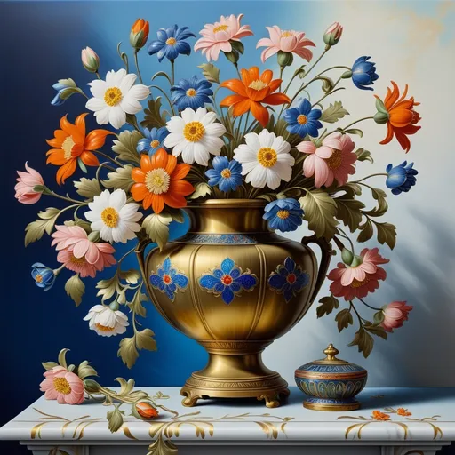 Prompt: a painting of a brass vase with flowers in it on a table top with a blue background and a white wall, Anton Graff, cloisonnism, highly detailed oil painting, a fine art painting