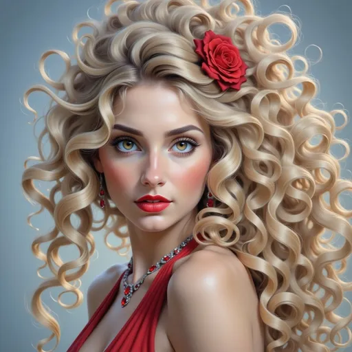 Prompt: a painting of a woman with long blonde hair wearing a red dress and a necklace with a diamond on it, Artgerm, figurative art, highly detailed digital painting, a photorealistic painting