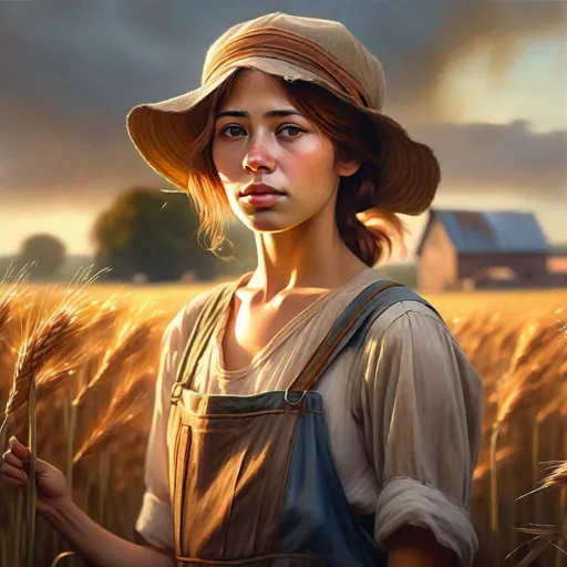 Prompt: An ethereal highly detailed painting of a very beautiful very poor 1920's migrant worker woman, tattered clothes, perfect complexion, gorgeous clean face,
straight auburn hair, award-winning,  Cinematic fantasy atmosphere, farm field, hot sun, cgi, artgerm