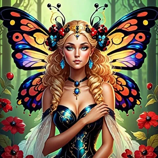 Prompt: Ladybug fairy goddess, digital illustration, serene woodland setting, intricate wings with holographic details, ethereal and magical vibe, vibrant and saturated colors, elegant and graceful pose, fine art quality, high resolution, fantasy, whimsical, holographic wings, magical, ethereal, vibrant colors, woodland, serene, elegant pose, fine art quality, detailed artwork<mymodel>