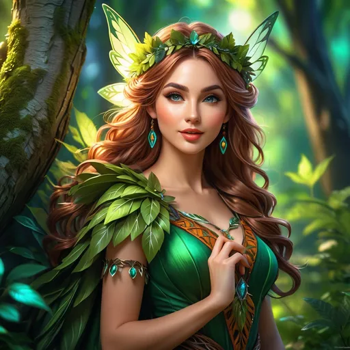 Prompt: Hyper-realisctic, (Full body character portrait), Female Fairy Druid, enchanting forest background, dramatic lighting casting playful shadows, intricate leafy attire, (beautiful, elegant pose), captivating expression with a hint of mischief, vibrant colors enhancing attractiveness, ultra-detailed eyes, ultra-detailed, whimsical atmosphere, 4K quality, fantasy art style.