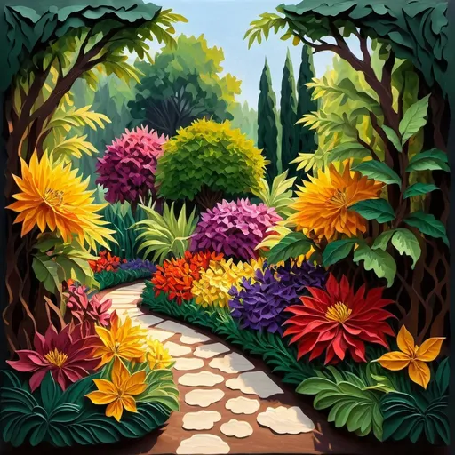 Prompt: <mymodel>Vibrant oil painting of a lush garden, rich and varied colors, thick brushstrokes, high quality, impressionist, lively and dynamic composition, floral abundance, detailed petals and leaves, professional, warm lighting, oil painting, colorful, vibrant, floral abundance, thick brushstrokes, dynamic composition, high quality