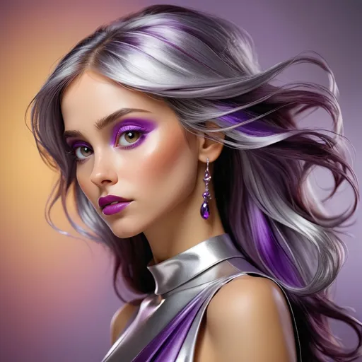 Prompt: Woman in colors of silver and purple