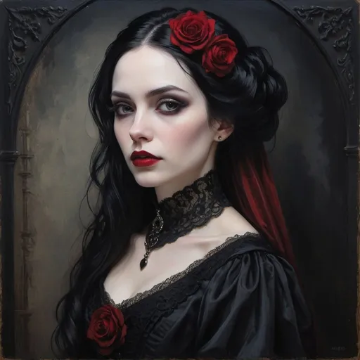 Prompt: Profile portrait of a gothic woman, oil painting, flowing black hair, pale skin, intense gaze, red lipstick, dark eyeshadow, elegant Victorian attire, high quality, realistic, gothic, moody lighting, dark tones, detailed lace, atmospheric, haunting beauty, professional