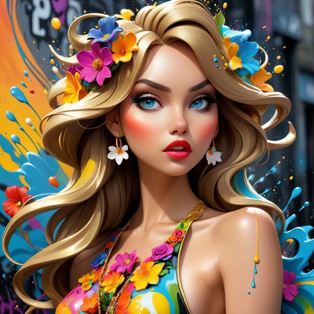 Prompt: <mymodel>Flower Siren graffiti art, splash art, street art, spray paint, oil gouache melting, acrylic, high contrast, colorful polychromatic, ultra detailed, ultra quality, CGSociety