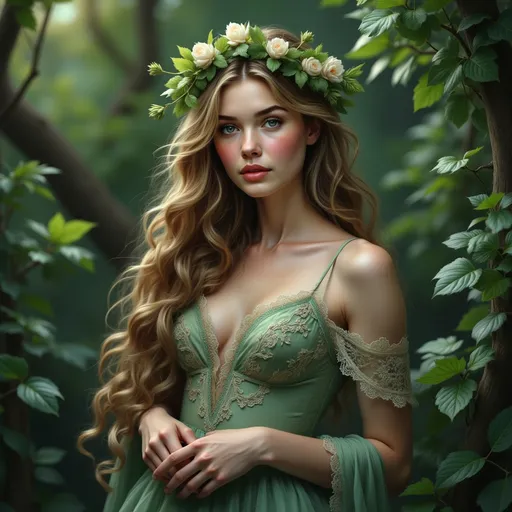 Prompt: In a lush, verdant setting, a young woman stands gracefully, embodying the essence of nature. Her long, flowing hair cascades down her back, framing a delicate face that is adorned with a crown made of vibrant green leaves and soft flowers. Dressed in an intricate, off-shoulder gown of rich green fabric, the garment complements the surrounding foliage, highlighted by ornate lace details. The dappled sunlight filters through the leaves, casting a soft glow that enhances her serene expression. This enchanting scene evokes a sense of tranquility and ethereal beauty, immersing the viewer in a dreamlike woodland atmosphere.