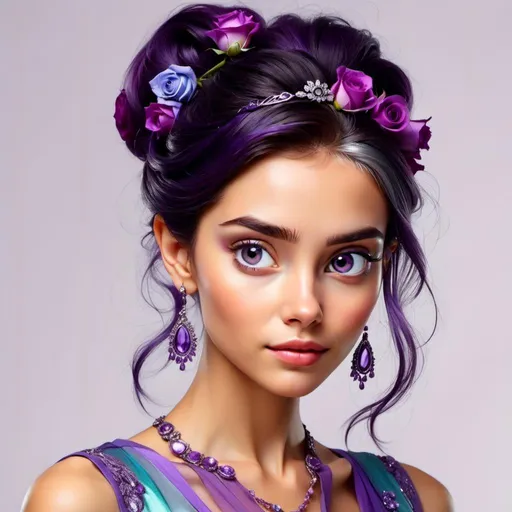 Prompt: <mymodel>Beautiful and Gorgeous woman, purple roses in hair