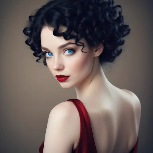 Prompt: An elegant and beautiful woman.  curly black hair, pale skin and blue eyes, red lips