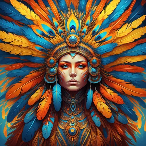 Prompt: <mymodel> a woman with feathers on her head and a blue background with a yellow and orange feather headdress, Android Jones, fantasy art, highly detailed digital painting, a painting