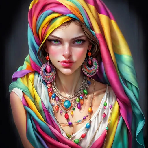 Prompt: a woman with a colorful head scarf and a necklace on her neck and a necklace on her neck, wearing a colorful scarf, Artgerm, photorealism, highly detailed digital painting, a photorealistic painting