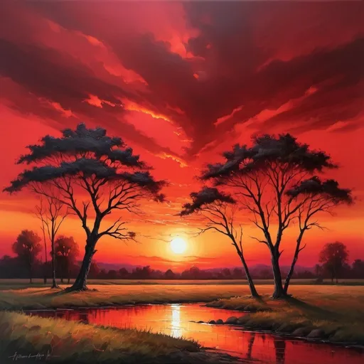 Prompt: Red sunset landscape, oil painting, vibrant colors, fine details, high-quality, realistic, warm tones, dramatic lighting, expansive horizon, silhouettes of trees, serene atmosphere