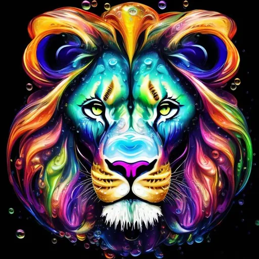 Prompt: Swirling, colorful lion made of bubbles and droplets, vibrant and vivid colors, high quality, abstract, dynamic, vibrant color palette, bubble art, splashes of color, fluid shapes, lion's majestic mane, dynamic and lively, vibrant bubbles, vivid droplets, modern, artistic, colorful, vibrant lighting, abstract art