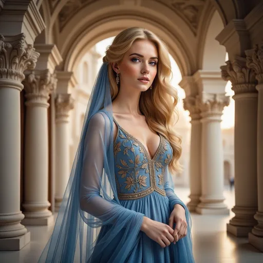 Prompt: Bathed in the warm glow of golden hour, a young woman stands elegantly in a grand architectural space adorned with intricate details. Her flowing blue dress, lightly embroidered with delicate golden patterns, complements her ethereal presence, while a sheer, matching veil cascades over her wavy, flowing hair. The softness of her expression and slightly parted lips suggests a contemplative mood, as she gazes softly into the distance. Tall arches and ornate columns frame her, enhancing the sense of grandeur in the scene, where the interplay of soft natural light and rich textures creates an enchanting, almost dreamlike atmosphere, inviting viewers to ponder the story behind her poised demeanor.