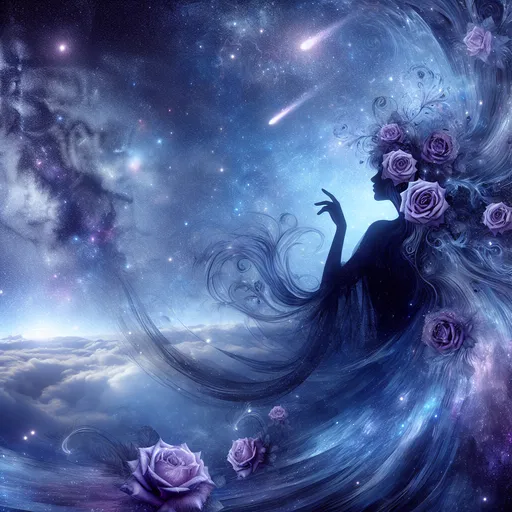 Prompt: Cosmic Epic Beauty, Beautiful and Gorgeous, purple roses in hair