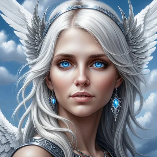 Prompt: an enthereal angel with blue eyes and a necklace and silver wings on her back, with a sky background, Anne Stokes, fantasy art, highly detailed digital painting, a detailed painting