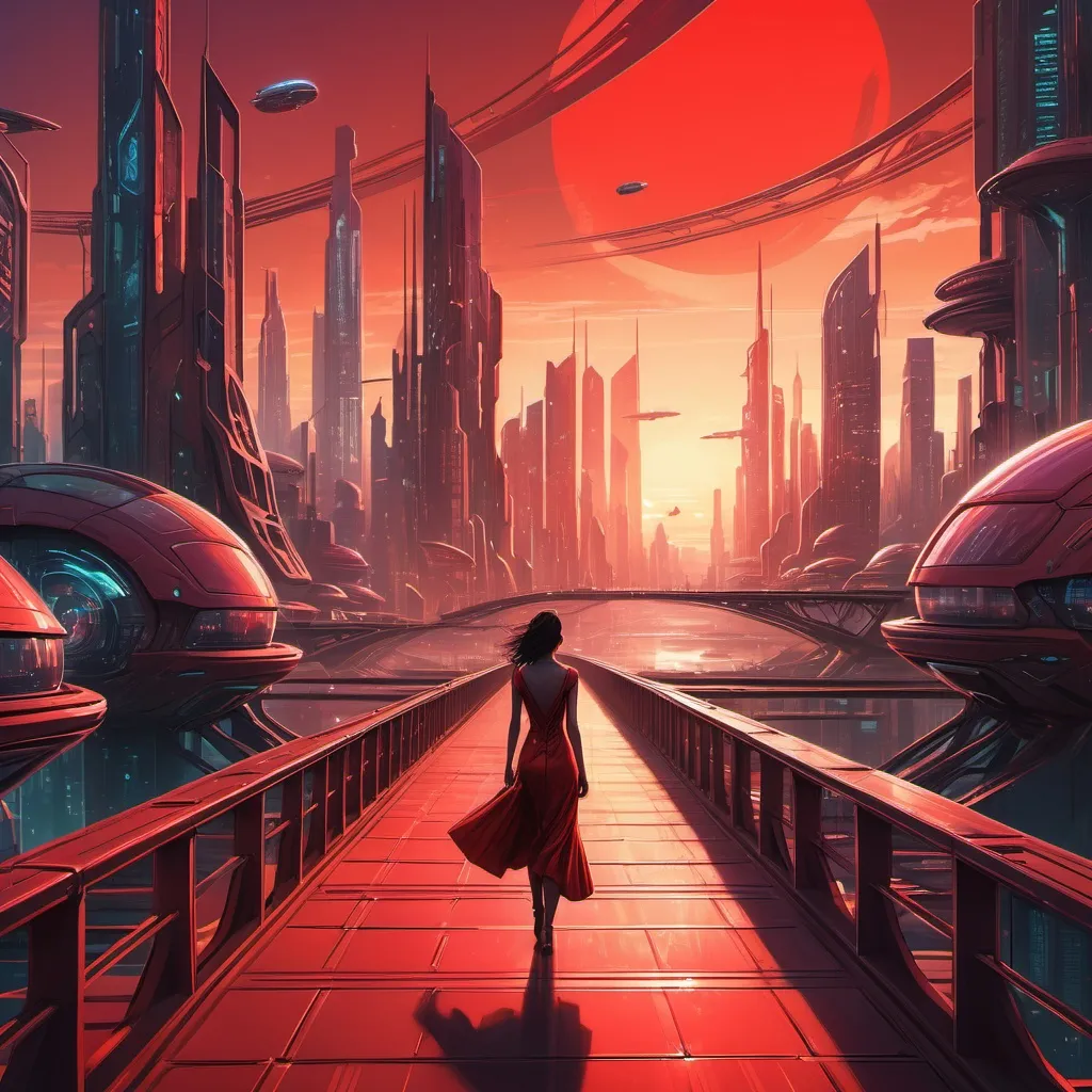 Prompt: a woman in a red dress is walking across a bridge in a futuristic city at sunset with a futuristic cityscape in the background, Dan Mumford, retrofuturism, solarpunk, cyberpunk art