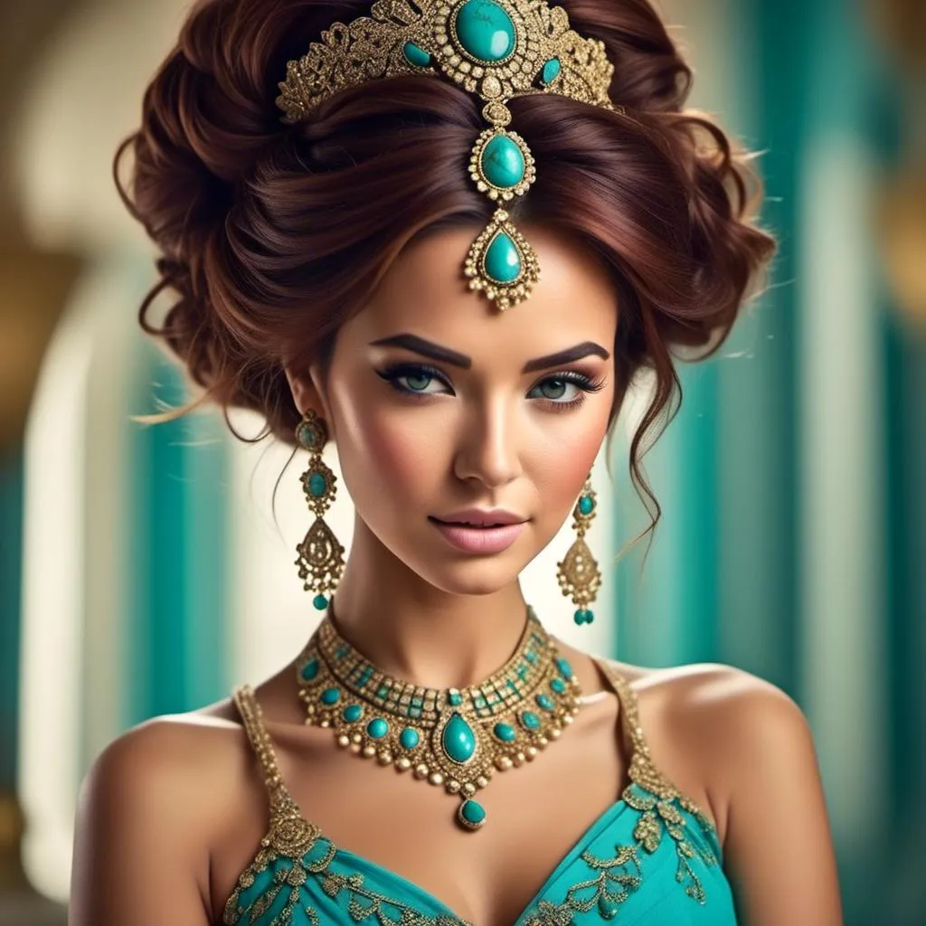 Prompt: <mymodel>An extremely gorgeous woman,  with turquoise jewels, in color scheme of turquoise and magenta