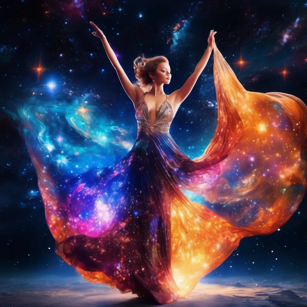 Prompt: colorful, sparkly, exquisite, glowing Goddess in a flowing, filmy dress, incredible all body form of a incredible bodied, incredibly beautiful faced woman with a buxom perfect body falling backwards through space, nebulas, stars, planets, the milky way and galaxies