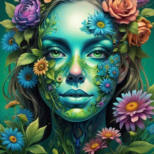 Prompt: a woman with flowers around her face and a blue face with flowers around her face and a green background, Android Jones, psychedelic art, highly detailed digital painting, an airbrush painting