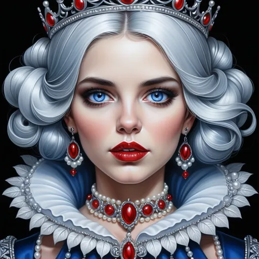 Prompt: a woman with  black hair,  large blue eyes, a tiara and pearls on her head and a red lip and a blue dress with a red and white collar, Anne Stokes, gothic art, highly detailed digital painting, a detailed painting