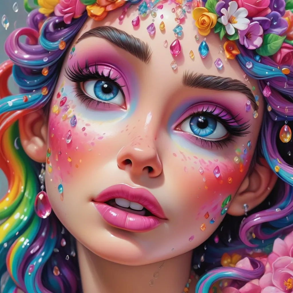 Prompt: A beautiful and colourful Persephone whose hair is made of clouds that rains down flowers made of jewels, while chickadees fly around her; in a photorealistic impressionistic Disney Lisa Frank style out of gel pen