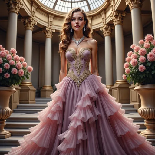 Prompt: In a grand, opulent setting featuring soaring columns and a beautifully designed glass dome above, a striking young woman stands poised, embodying elegance and grace. She wears a lavish gown in soft lavender adorned with intricate gold detailing and a flowing, ruffled skirt that cascades around her, while her hair falls in luxurious waves framing her face. Sparkling jewels embellish her neck and ears, exuding sophistication, while her confident expression suggests a story of empowerment and royalty. The lush arrangements of pink roses surrounding her contribute to the romantic ambiance of the scene, filled with soft, diffused light that enhances the overall regal atmosphere.