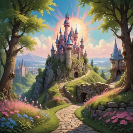 Prompt: Nestled atop a vibrant, grassy hill, a whimsical castle glistens under a radiant sun, its colorful spires reaching toward a brilliant blue sky. The castle's towers, adorned in various shades of pink and blue, contribute to the enchanting atmosphere of this fairy-tale setting. A winding cobblestone path leads up to the castle's grand entrance, flanked by a profusion of blooming flowers in a kaleidoscope of colors, offering a lively contrast against the lush greenery of the surrounding trees. Soft, pastel clouds drift lazily across the horizon, enhancing the magical quality of this picturesque landscape, evoking a sense of wonder and tranquility in the viewer. The overall scene encapsulates a delightful narrative of fantasy and serene beauty, inviting imagination and dreams of adventure.
