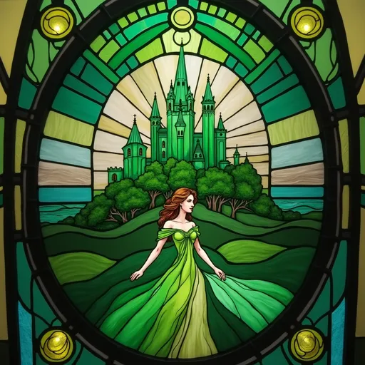 Prompt: a stained glass window of  a woman in green dress and a castle in the background photo by steve jones, Donato Giancola, art nouveau, fantastically gaudy, an art deco painting