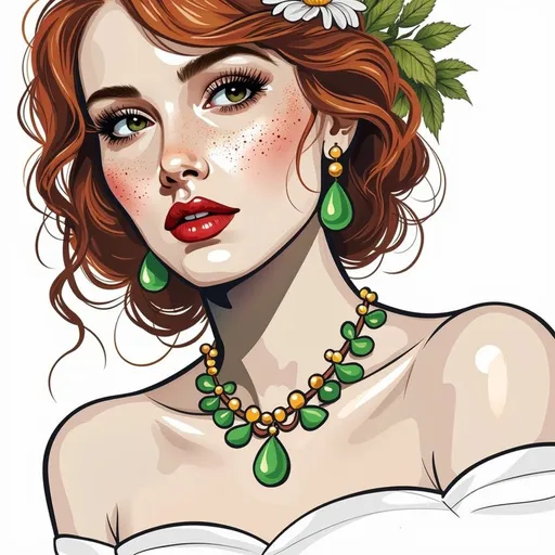 Prompt: This is a digital drawing of a young woman with a vintage, pin-up style. She has fair skin with a light blush on her cheeks and a slight freckle pattern. Her large, expressive green eyes are accentuated by long, dark eyelashes. Her lips are painted a bold red, matching her bright red, curly hair, which is styled in an elegant, voluminous updo. A white flower with a yellow center is tucked into her hair on the right side. She wears dangling green teardrop earrings that add a touch of elegance. The drawing is done in a clean, cartoon-like style with bold black outlines and flat colors. The background is plain white, making the subject stand out prominently. She is depicted from the shoulders up, and her bare shoulders suggest she might be wearing a strapless top or dress. The overall style is reminiscent of mid-20th-century illustrations, with a playful yet sophisticated aesthetic.