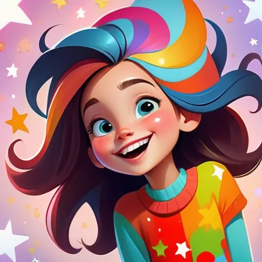 Prompt: Colorful cartoon illustration of a joyful girl with twinkling stars in the background, vibrant and lively colors, playful and cheerful expression, whimsical artistic style, cartoon, colorful, vibrant, joyful, twinkling stars, playful expression, cheerful, whimsical, artistic style