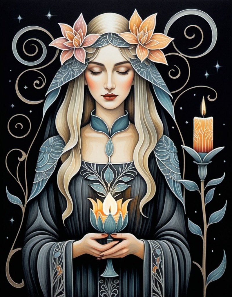 Prompt: a painting of a woman holding a candle in her hands and a flower in her hand, with a black background, Amanda Sage, gothic art, in gouache detailed paintings, an art deco sculpture