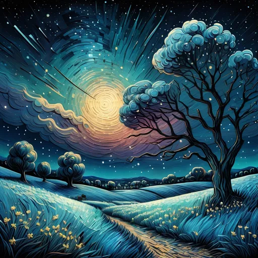 Prompt: a  landscape with a night sky background and stars in the sky,  Van Gogh sky, Dan Mumford, post-impressionism, stars, a detailed painting