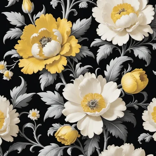 Prompt: a yellow and black floral wallpaper with white flowers on it's sides and black leaves on the top, Annabel Kidston, rococo, book cover, a flemish Baroque