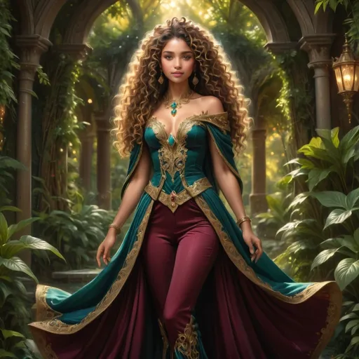 Prompt: Standing in an enchanting lush setting filled with vibrant greenery, a regal figure exudes confidence and grace. Her voluminous, curly hair cascades down her back, accentuating her striking features framed by a beautifully detailed outfit in rich teal adorned with intricate gold and jewel embellishments. The soft sunlight filters through the dense foliage, creating an ethereal glow that highlights her poised stance and the elegance of her attire. With a captivating gaze and luxurious accessories, she evokes a sense of mystery and power, telling a story of nobility and strength in a magical realm.