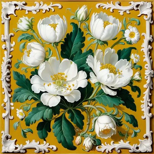 Prompt: a painting of white flowers on a yellow background with green leaves and scrolls around it, with a white frame, Ambrosius Bosschaert II, rococo, ornamental, a flemish Baroque