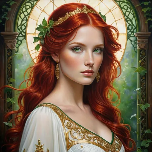 Prompt: a painting of a woman with red hair and green eyes wearing a white dress with gold trim and a red hair, Anne Stokes, fantasy art, kinkade, a detailed painting