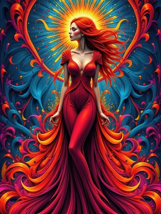 Prompt: Mage Crimson (painting of a well endowed woman in a striking red dress), vibrant, flowing red hair, red cape draping elegantly, (deep blue psychedelic background), surreal forms and patterns intertwining, created in the style of Alphonse Mucha, rich color saturation, ethereal and dreamlike atmosphere, (intricate textures), visually captivating, 4K quality, poster art aesthetic.