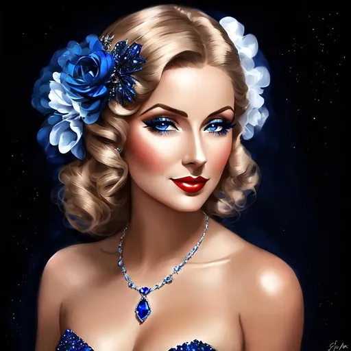 Prompt: Glamorously dressed lady of rhe 1930's wearing sapphire jewelry,blue eyes