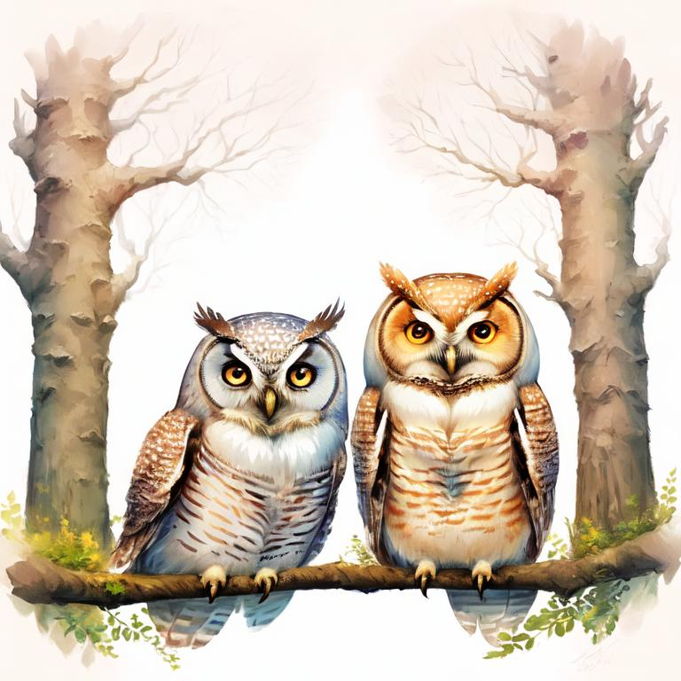 Prompt: Adorable illustration of two owls, soft pastel colors, dreamy forest setting, ultra-detailed feathers, big expressive eyes, whimsical, high quality, pastel colors, dreamy lighting